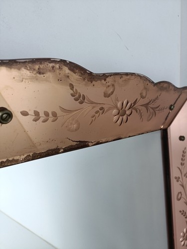 Art Deco Nouveau Wall Hanging Ornate Mirror Vanity Dresser Clear Etched Pink Gla - Picture 5 of 10