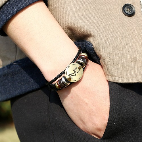 Men's Women Leather Horoscope Zodiac Birth Sign Wristband Bracelet Wood Beads UK - Picture 4 of 20