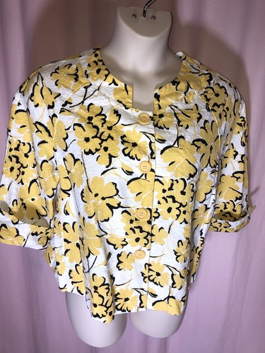 Dressbarn Woman 16W (1X) Jacket Yellow Floral Textured Button Fitted Work H16