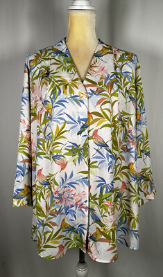 Investments Woman Blouse Shirt Top Tunic 1X Button Down  3/4 Sleeve Tropics