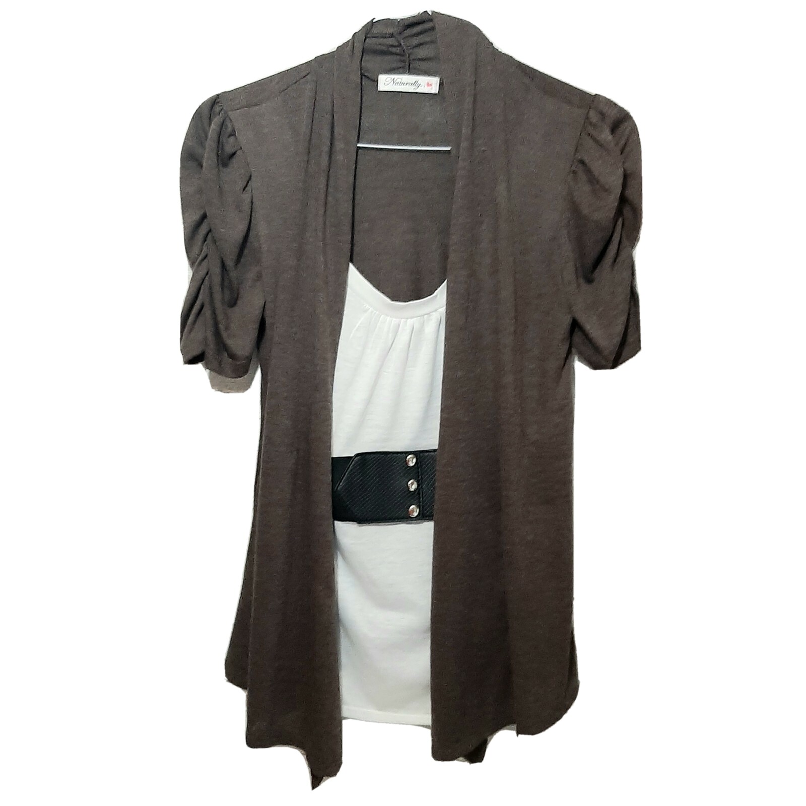 Naturally ❤ Womens Cami Blouse Brown 2 In 1 Size Small White Inset Accent Belt