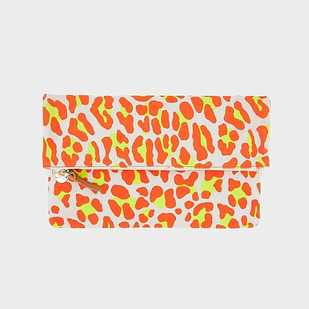 Clare V. Suede Foldover Clutch Neon Orange Cat NWT