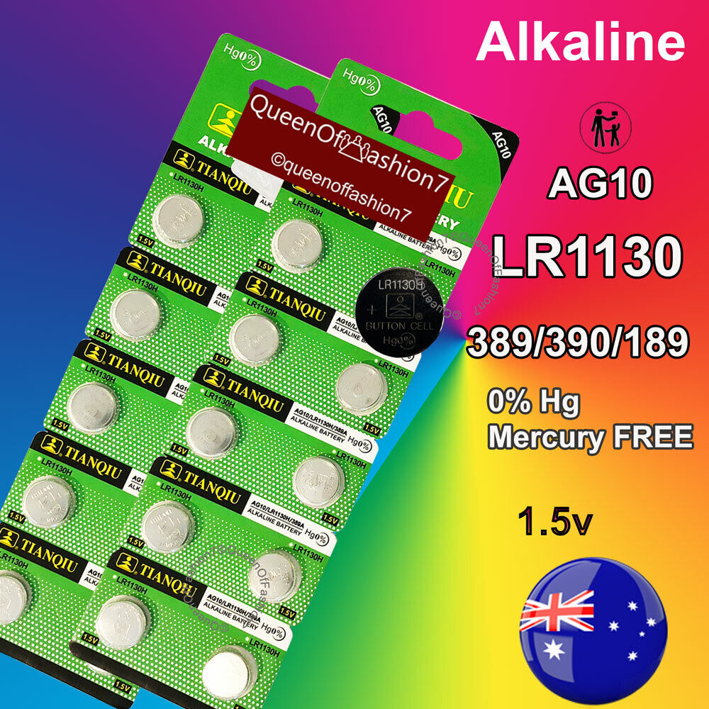 20 piece AG10 LR1130 189 389A LR54 0% Hg Card 1.5V Alkaline Battery