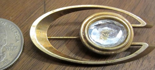 Shaped Bevel Oval Round White Rhinestone Brass Clad Lapel Pin Brooch Unmarked - Picture 2 of 3