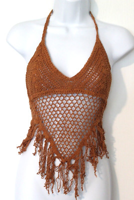 Forever 21 Julia Love J Sweater Halter Top Long Fringe Festival Retro Bohemian
