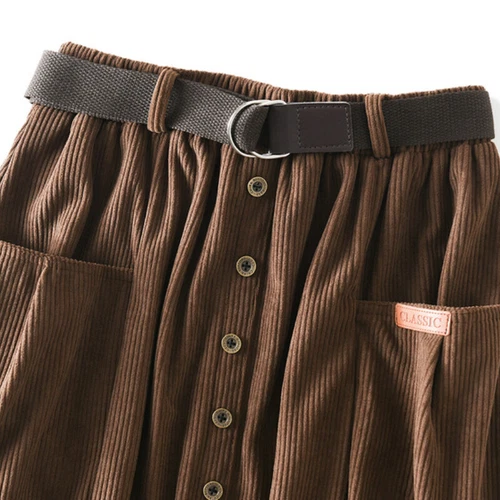 Women A-line Midi Skirt High Elastic Waist Pleated Belt Thermal Button Down - Picture 7 of 22