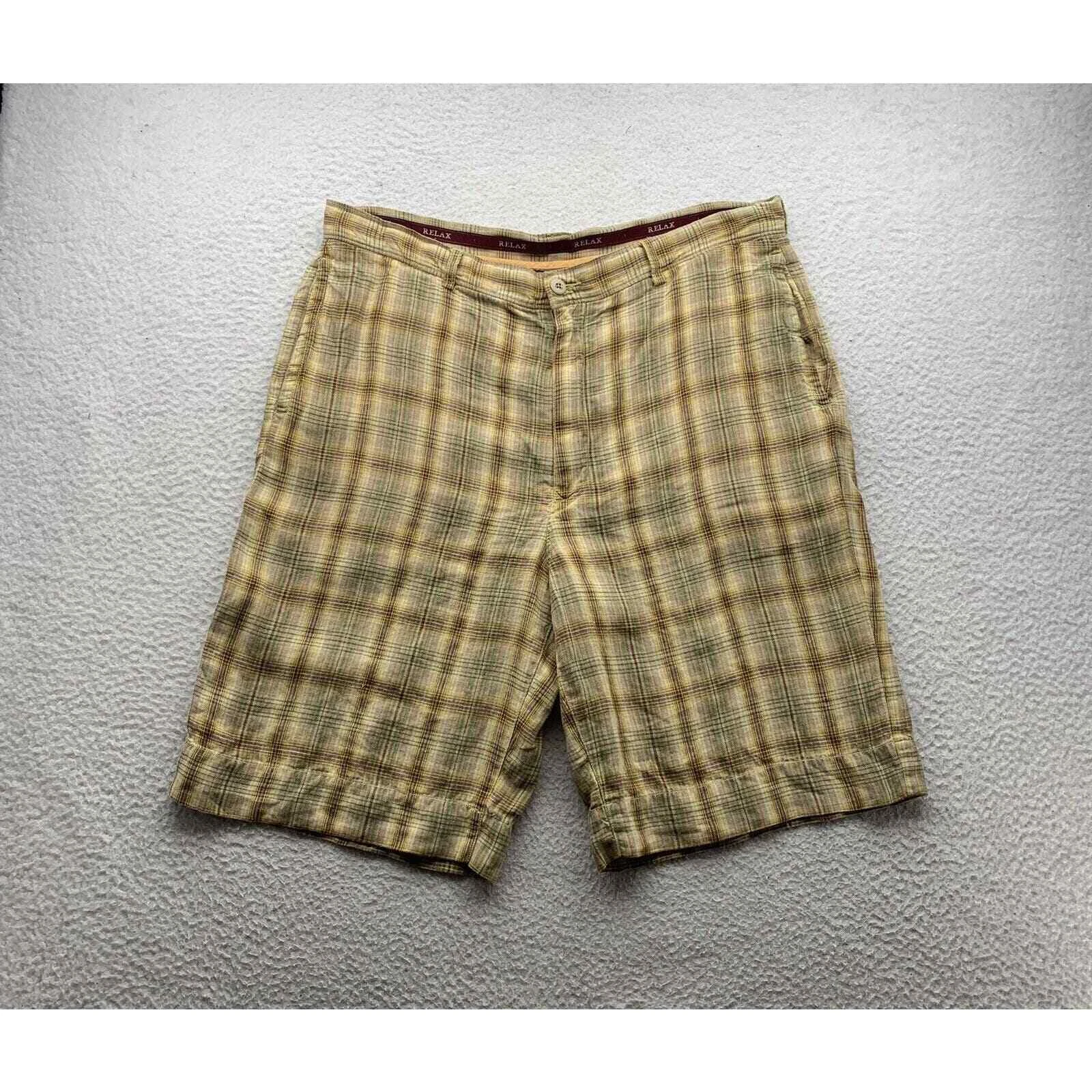Tommy Bahama Bermuda Shorts Mens 38x11 Linen Plaid Green Brown Relax High Rise
