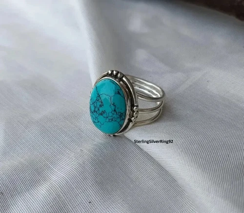 Designed Blue Turquoise Gemstone Ring, Oval Shaped , 925 Sterling Silve All size
