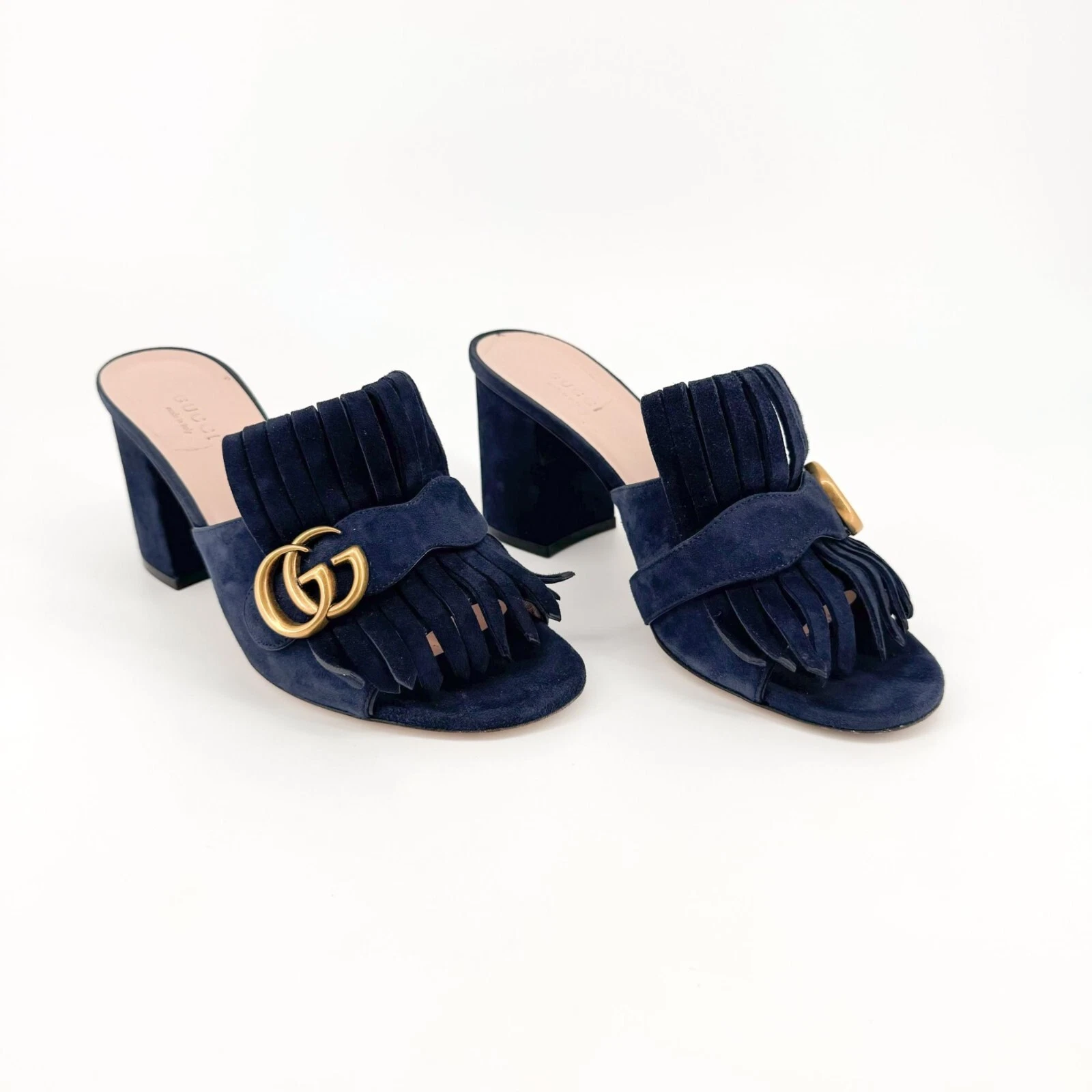 Mules Gucci Marmont GG à talons compensés EU 38,5 US 8,5 bleu marine daim slide