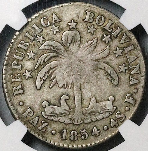 1854-Paz NGC VF 30 Bolivia 4 Soles Paz Alpaca Palm Tree Silver Coin (23081902C)