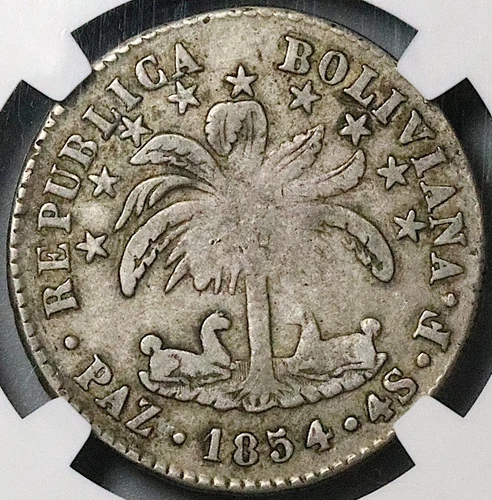 1854-Paz NGC VF 30 Bolivia 4 Soles Paz Alpaca Palm Tree Silver Coin (23081902C)