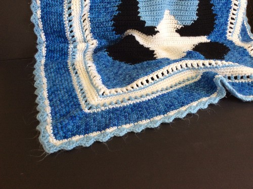 Handmade Blue Knit Panda Blanket 31”x 110” - Picture 3 of 8