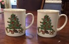 Set of 2 Holiday Hostess Coffee Cups/mugs Christmas Tree Holly Gold Rim — photo 2