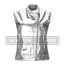 Silver Leather Vest For Women, Sleeveless Leather Jacket Womens, Get Discount