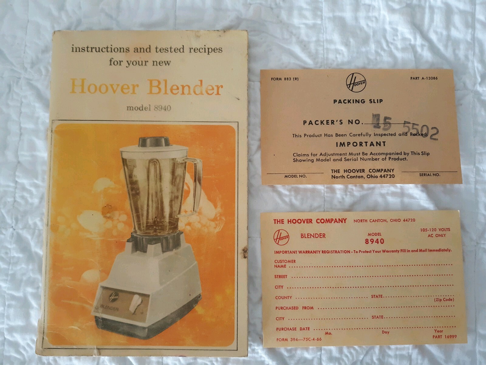 Vintage Hoover Blender Model 8940 Manual InstructionsPacking Slip