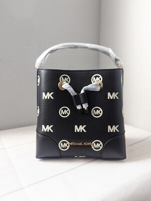 Michael Kors Mercer Small Black Embossed Drawstring Bucket Messenger Bag