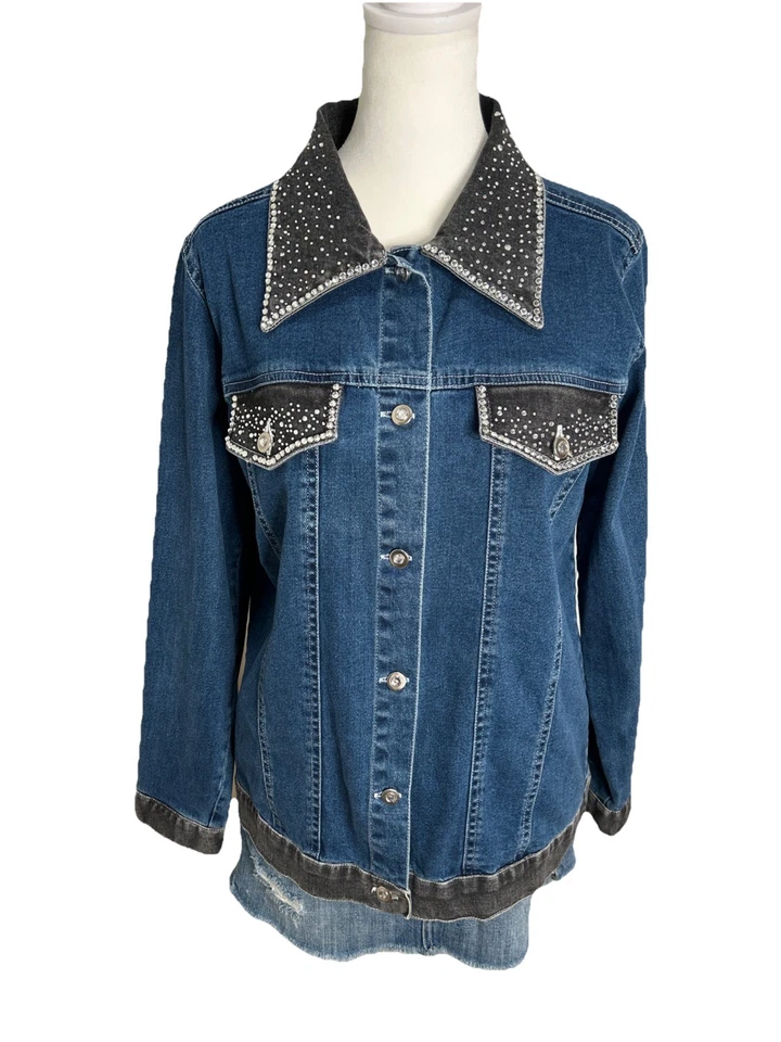 Quacker Factory Dazzling Rhinestone Embellished Blue Black Denim Jacket S Bling - Image 4 of 4