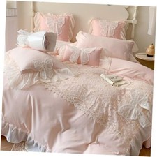 Ruffled Bedding Bow Duvet Cover -Size Chic Lace Bedding Set with Cute Twin Pink