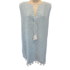 Tahari Swim Cover-Up Womens LARGE Blue White Striped Linen Tasseled Sundress EUC