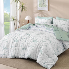 Floral King Comforter Set 7 Pieces Bed in a Bag, Green Rose Romantic Flower Bed