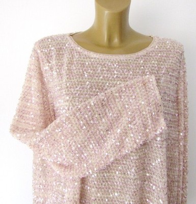 MARINA RINALDI Shirt Bluse Rosa Puder Tüll Doppel + Stickerei Pailletten XL = 56 DE