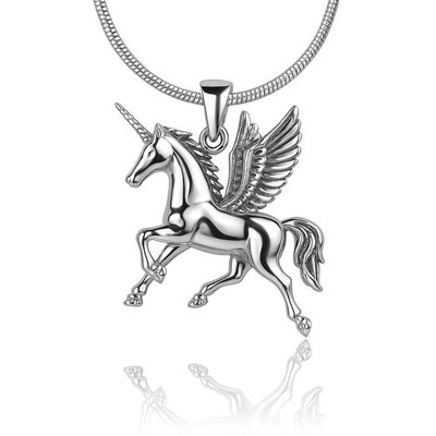 925 Sterling Silver Unicorn Pendant with Wings, Rhodium Plated, Unisex (No Chain)