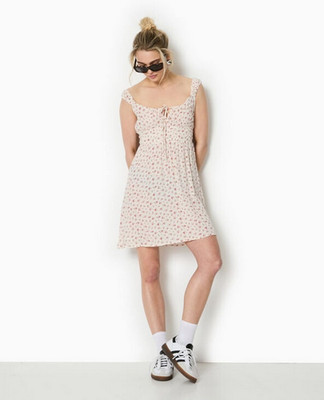Pimkie Empire Neckline Sleeveless Floral Printed Smocked Tie Knot Mini Dress XS