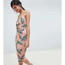 ASOS Pink Tropical Palm Dress; Tie Front, Cut Out, Midi