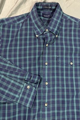 Gant Mens Large Green Red Foxhunt Plaid Long Sleeve Button Up Shirt Lightweight