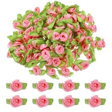 100 Pcs Mini Ribbon Roses Flowers Bows for Crafts, 15mm/0.6" Dia, Dark Pink