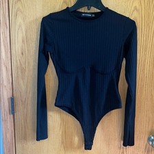 PrettyLittleThing Bodysuit Ribbed Long Sleeve Corset Detail Black Size 6