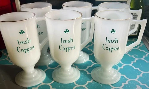 Vintage Federal Glass Milk Glass Irish Coffee Mugs Shamrock Gold Rim Set Of 6
