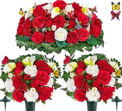 Saxili Artificial Cemetery Flower Vases Grave Decoration, 3PC,Red Rose