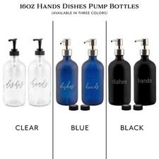16oz Hands Dishes Pump Bottles 2pc Set; Glass Soap Dispensers for Kitchen