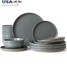 12 Piece Dinnerware Set Scratch Resistant Plates Bowls Stoneware Dishwasher Safe