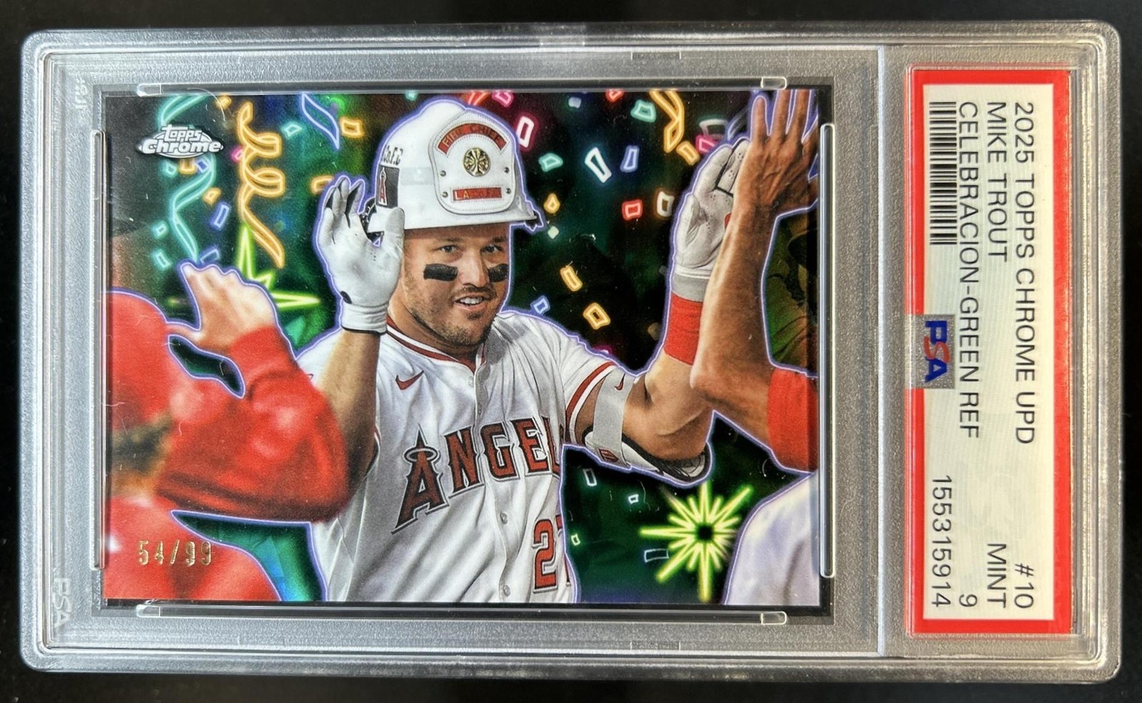 2025 Topps Chrome Update Mike Trout Celebracion Green Refractor #/99 PSA 9