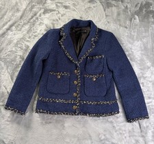 Zara Woman Blue Tweed Boucle Blazer Jacket Womens XS Gold Button