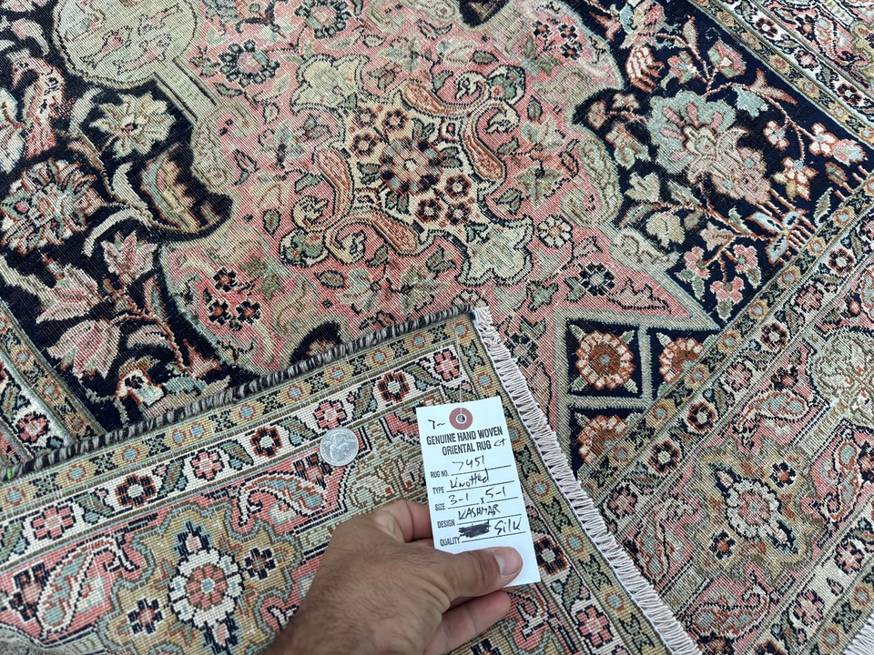 3x5 ANTIQUE SILK RUG ORIENTAL pink black handmade VINTAGE HAND-KNOTTED fine art - Image 2 of 4