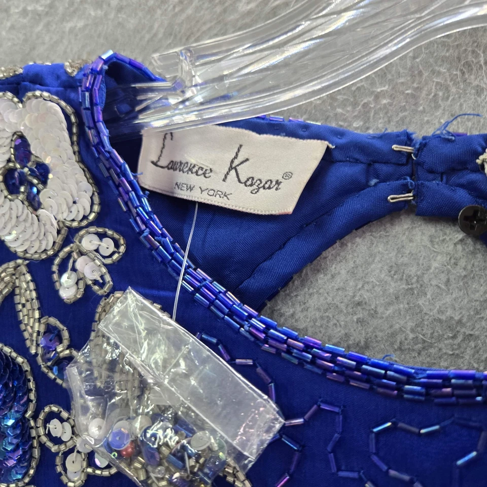 Laurence Kazar 女式连衣裙 M 蓝色丝绸花卉串珠亮片紧身衬里全新带标签 — 第 3/4 张图片