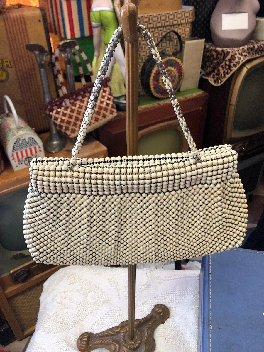 1940 s Whiting and Davis White Metal Mesh Purse with Navy Lining