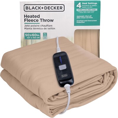 BLACK+DECKER Heated Throw Blanket, 50'' x 60'', Fleece, 4 Heat Settings, 3hr Timer