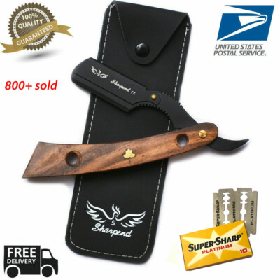 10 blades + Professional Wood Barber Hair Shaving Razor Straight Blade Folding 
