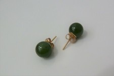 Green Jade Sphere Ball Solid 14k Yellow Gold Stud Earrings