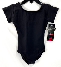 NWT Eurotard Girls Black Short Sleeve Leotard, Lined Front, Scoop Back, Size S