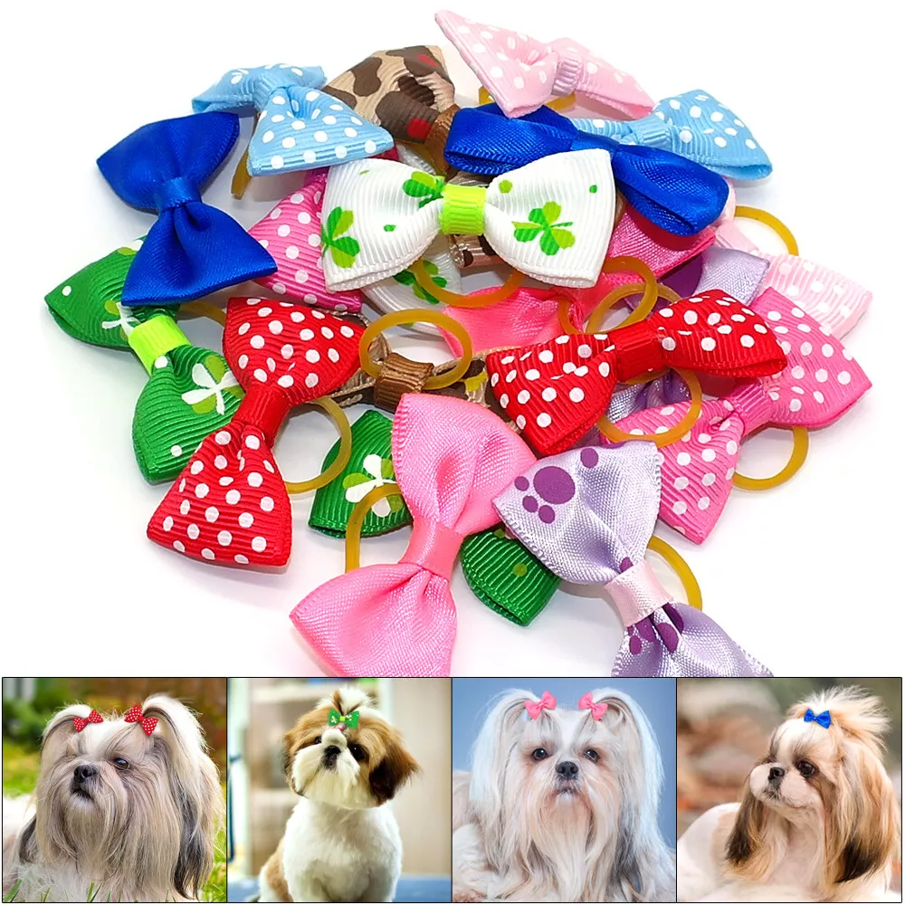 JpGdn 50Pcs/25Pairs 3'' 4 Big Dog Hair Bows with Elastic Rubber Band for  Medium Large Dogs Doggie Rhinestone Floral Bowknot Topknot Rabbits Girl Boy