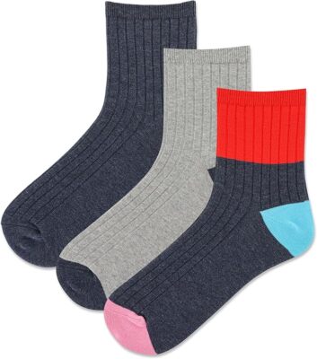 Hot Sox Rib Color Block Anklet Socks 3 Pair, Denim Assorted, Women's 9-11 Shoe