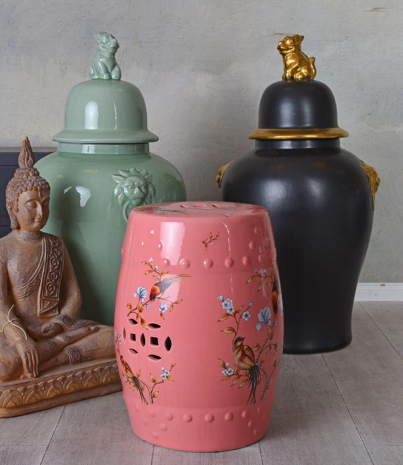 Gartenhocker Porzellan Hocker China Sitzhocker Vögel Keramikhocker Rosa Pouf - Bild 2 von 4