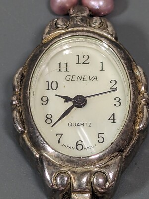 Geneva White Dial Silver Tone Oval Case Pink Faux Pearl Band Watch