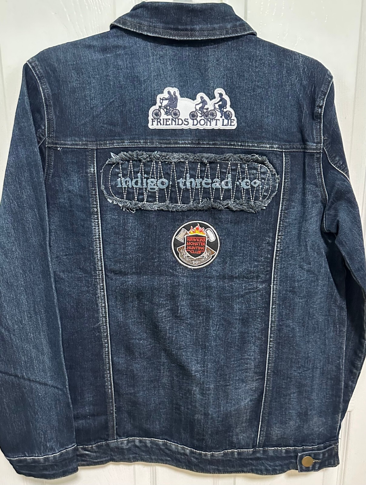 Stranger Things Custom Denim Jacket w/embroidered patches Friends Don't Lie M