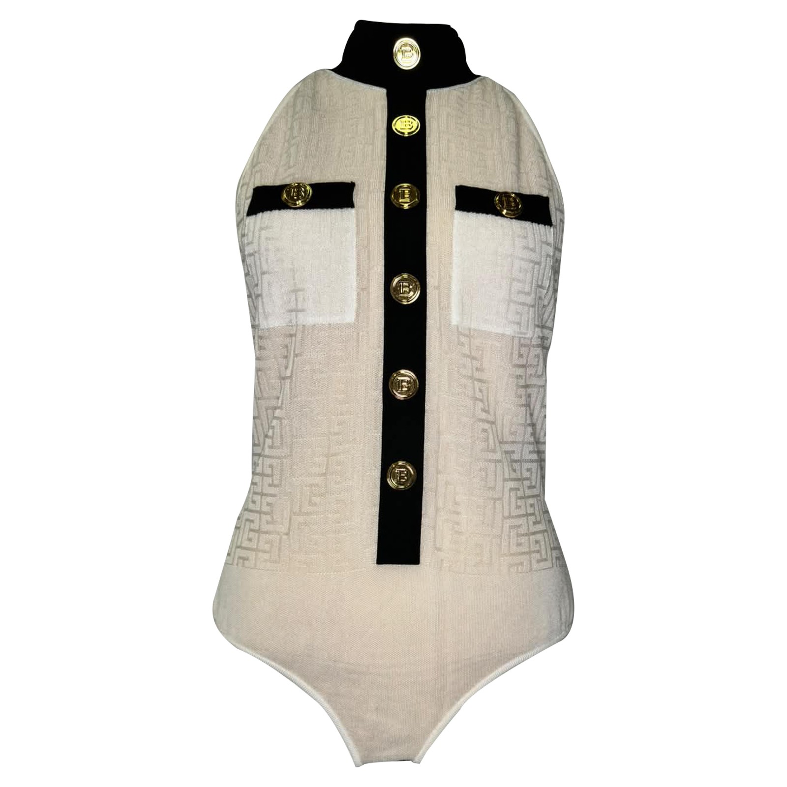 Balmain Monogram Jacquard Bodysuit In  Viscose Women Cream Size 40